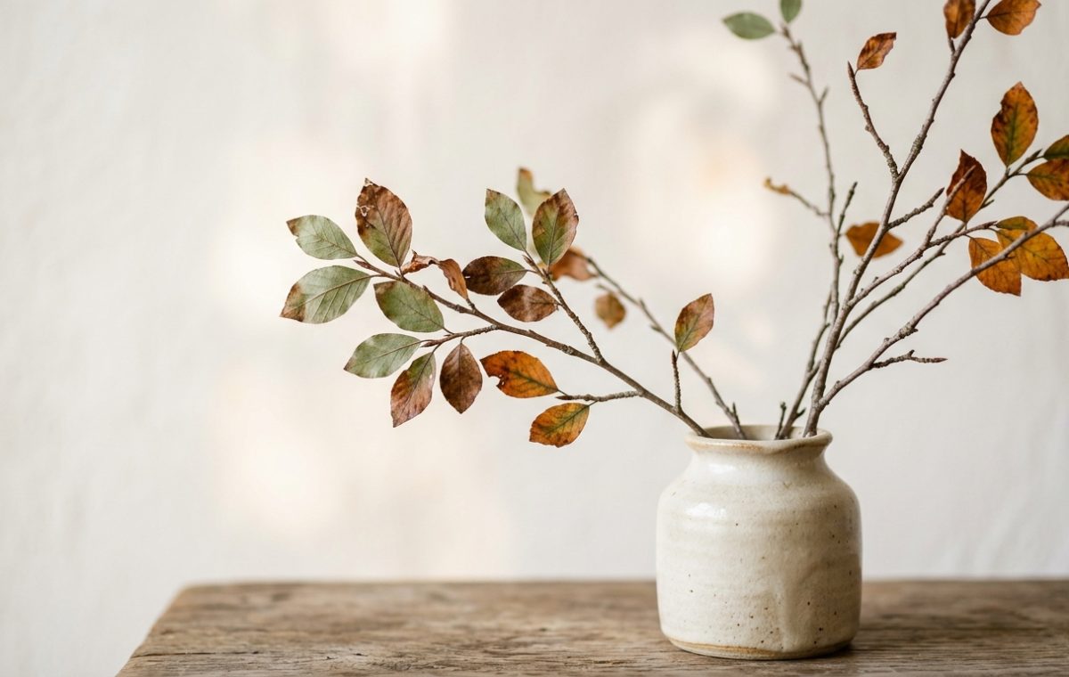 Minimalist tabletop branches styled inside a neutral ceramic vase on a rustic wooden surface.