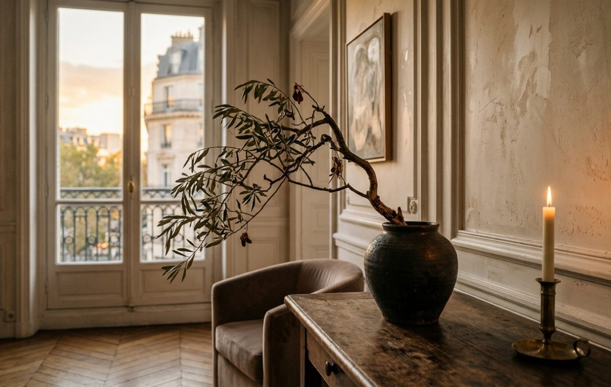 Minimalist vintage living room featuring an antique wooden console table and arching branch in a dark vase.