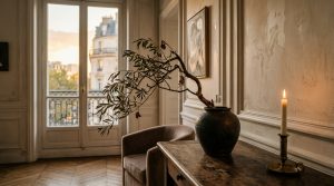 Minimalist vintage living room featuring an antique wooden console table and arching branch in a dark vase.