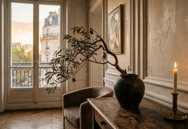 Minimalist vintage living room featuring an antique wooden console table and arching branch in a dark vase.