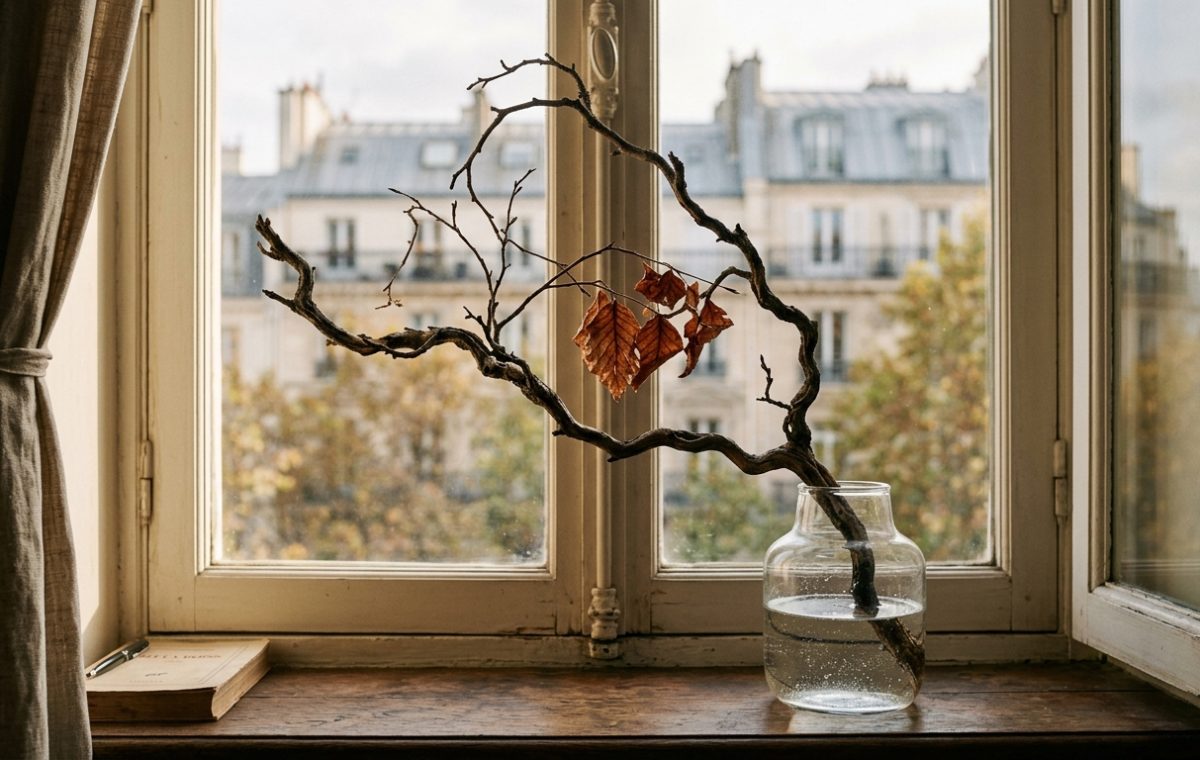 Minimalist window sill decor featuring a glass vase with a bare branch and autumn leaves against a city view.