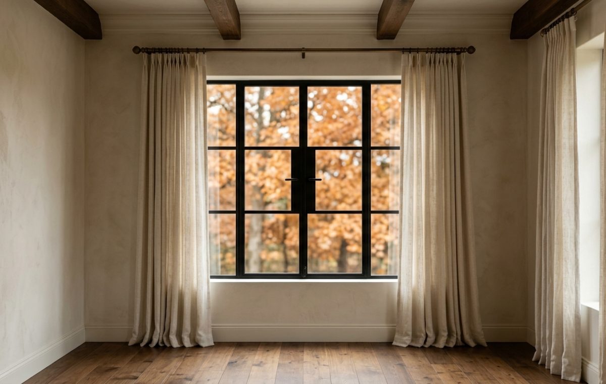 Minimalist window treatment featuring cream linen curtains against dark metal framed windows in a neutral living room.