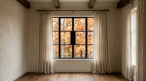 Minimalist window treatment featuring cream linen curtains against dark metal framed windows in a neutral living room.