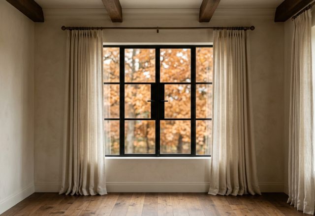 Minimalist window treatment featuring cream linen curtains against dark metal framed windows in a neutral living room.