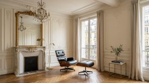 A mid century modern chair in a traditional living room featuring herringbone floors and a marble fireplace.
