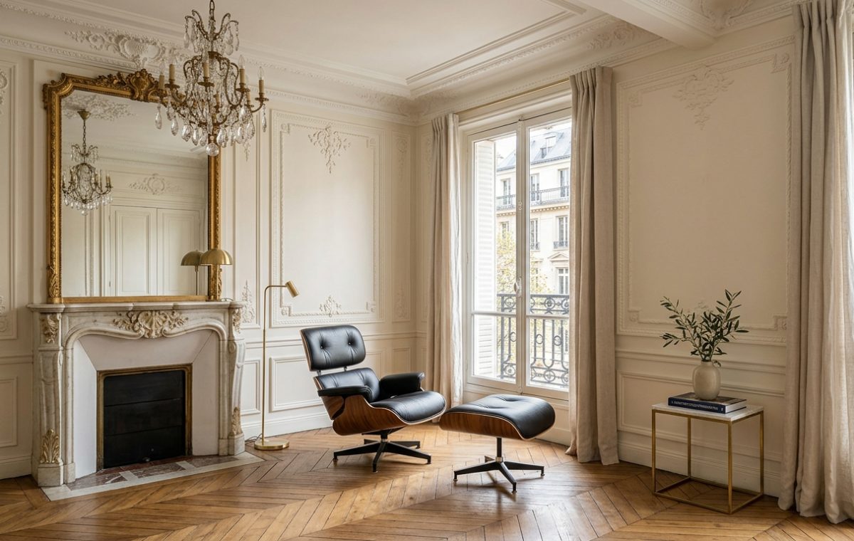 A mid century modern chair in a traditional room featuring marble fireplace and parquet flooring