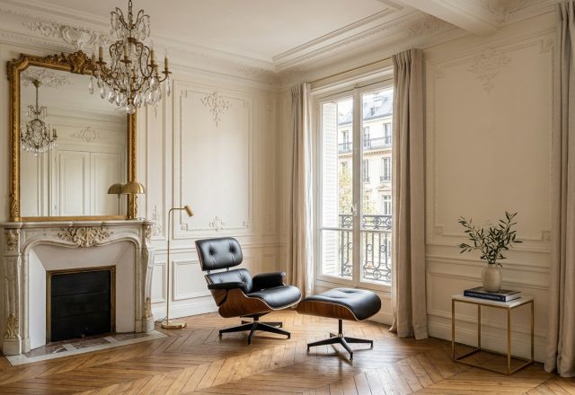 A mid century modern chair in a traditional room featuring marble fireplace and parquet flooring