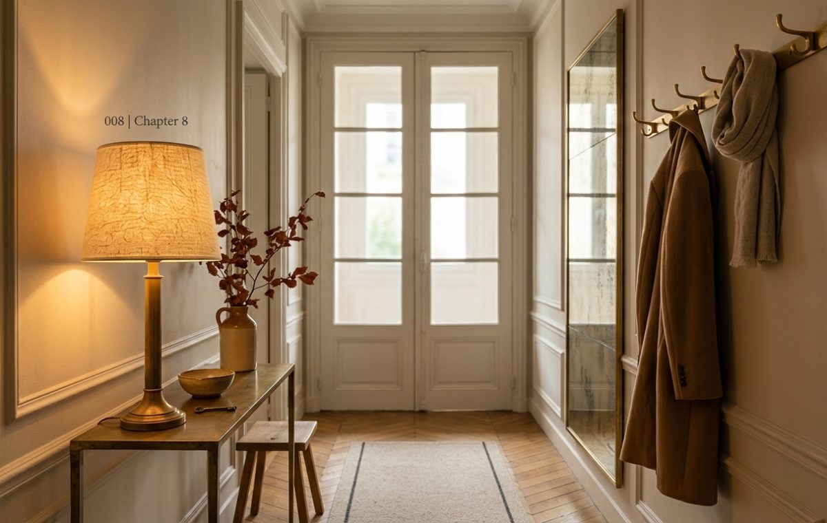 Elegant narrow entryway design featuring brass console, lamp, wall moulding, and herringbone parquet floor.