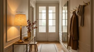 Elegant narrow entryway design featuring brass console, lamp, wall moulding, and herringbone parquet floor.