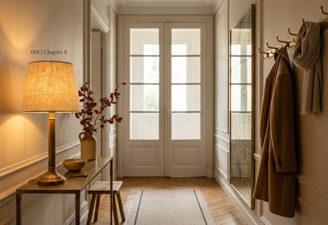 Elegant narrow entryway design featuring brass console, lamp, wall moulding, and herringbone parquet floor.