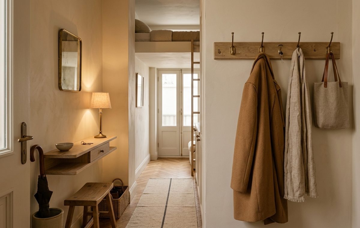 Narrow entryway design featuring floating oak console and timber coat rack in loft apartment