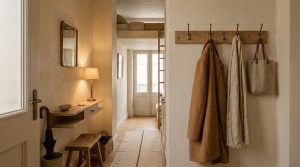 Narrow entryway design featuring floating oak console and timber coat rack in loft apartment