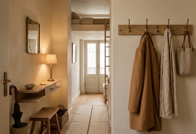 Narrow entryway design featuring floating oak console and timber coat rack in loft apartment