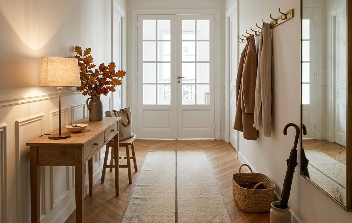 Narrow entryway design featuring a slim console table, brass coat rack, runner rug, and herringbone floor.