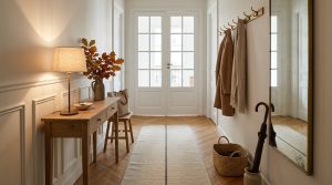 Narrow entryway design featuring a slim console table, brass coat rack, runner rug, and herringbone floor.