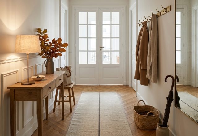 Narrow entryway design featuring a slim console table, brass coat rack, runner rug, and herringbone floor.