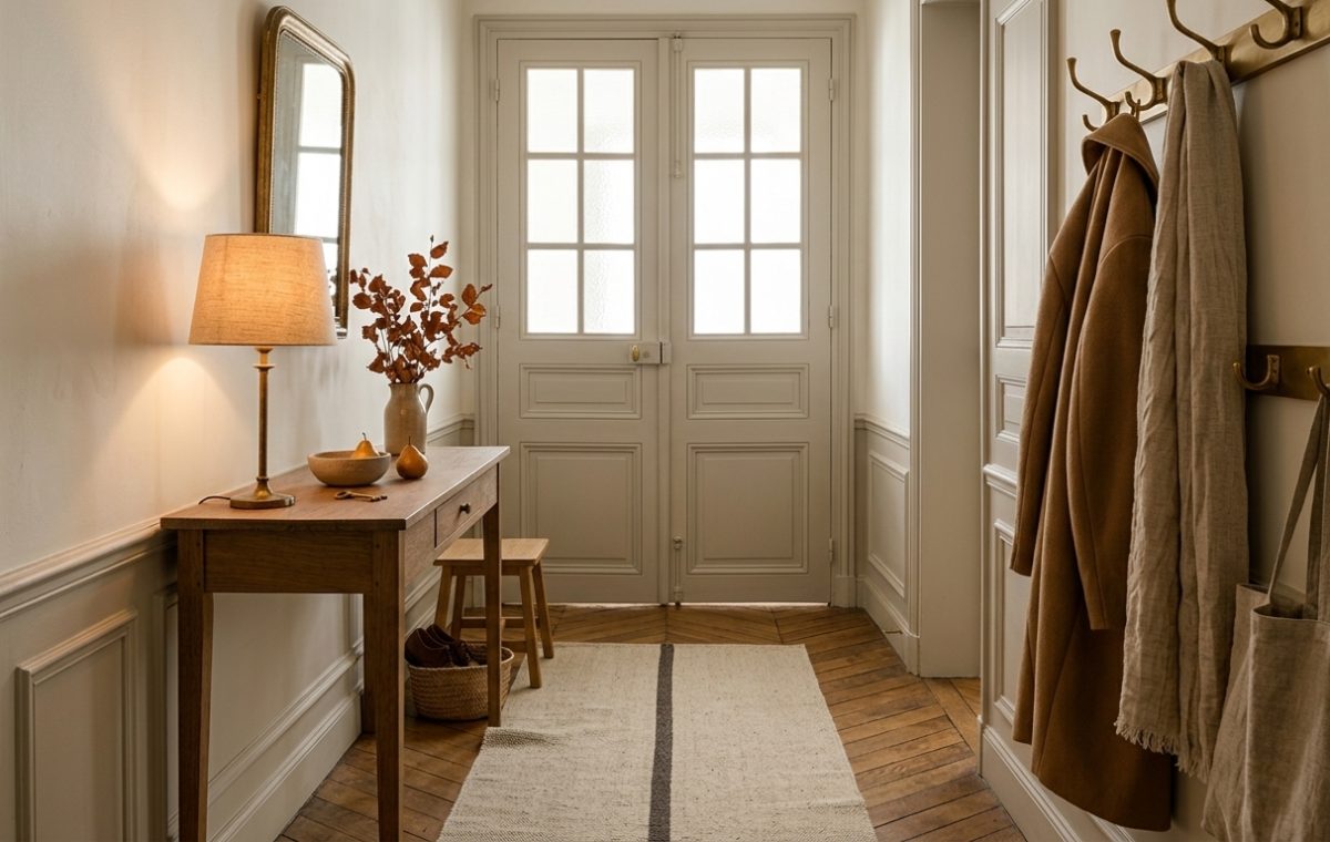 Narrow entryway design with a slim console table, coat rack, and herringbone wood floors in an elegant apartment.