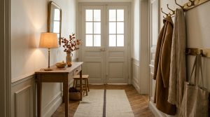Narrow entryway design with a slim console table, coat rack, and herringbone wood floors in an elegant apartment.