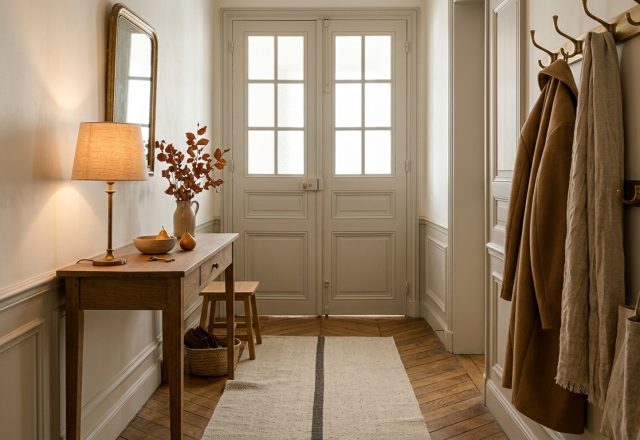 Narrow entryway design with a slim console table, coat rack, and herringbone wood floors in an elegant apartment.