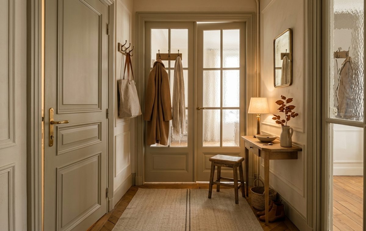 Historic European hallway showcasing clever narrow entryway ideas with slim console table and glass French doors