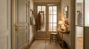 Historic European hallway showcasing clever narrow entryway ideas with slim console table and glass French doors