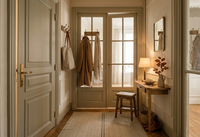 Historic European hallway showcasing clever narrow entryway ideas with slim console table and glass French doors
