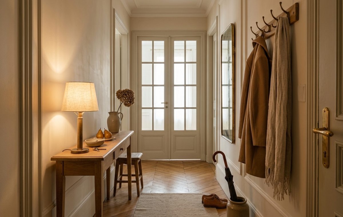 A warm and inviting narrow hallway decor setup featuring a slim wooden console table, a table lamp, and wall hooks.