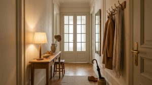 A warm and inviting narrow hallway decor setup featuring a slim wooden console table, a table lamp, and wall hooks.