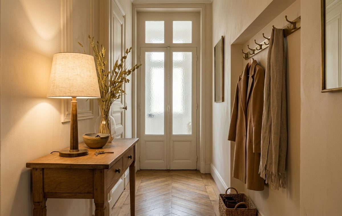 Narrow hallway decor featuring a slim rustic console table, linen lamp, brass coat rack, and chevron parquet floor.