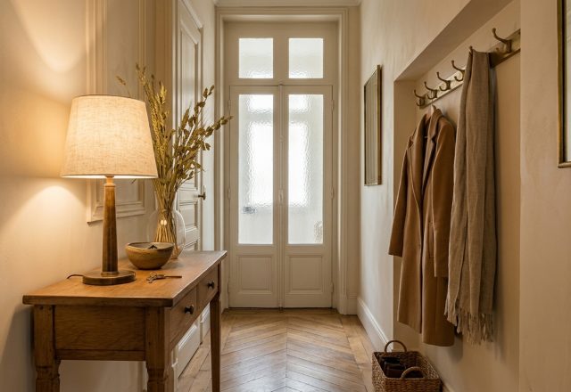 Narrow hallway decor featuring a slim rustic console table, linen lamp, brass coat rack, and chevron parquet floor.