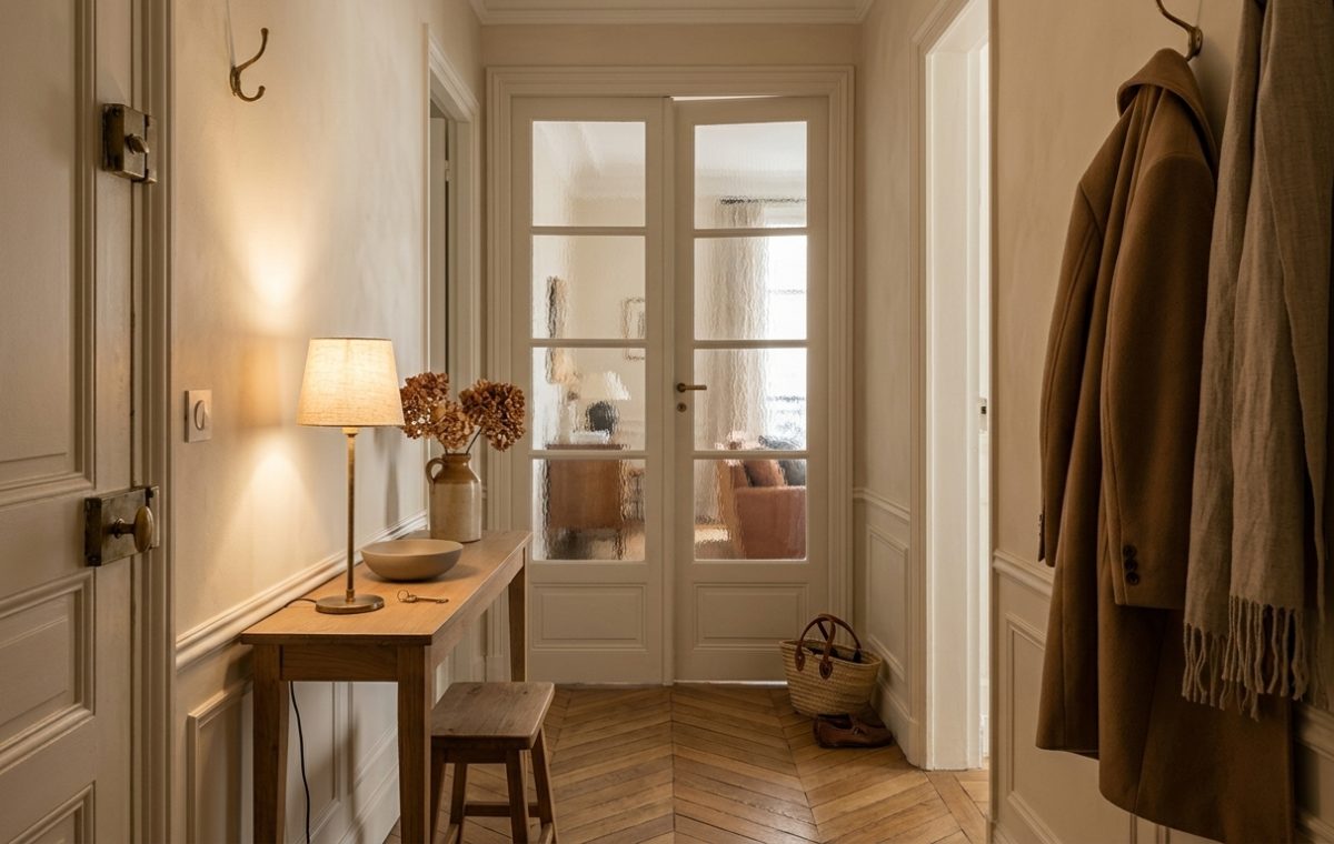 Narrow hallway decor featuring a shallow wooden console table, warm table lamp, and reeded glass French doors.