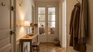 Narrow hallway decor featuring a shallow wooden console table, warm table lamp, and reeded glass French doors.
