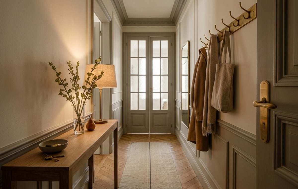Narrow hallway decor featuring a slim wooden console table, brass hooks, and wainscoting.