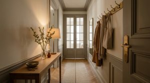 Narrow hallway decor featuring a slim wooden console table, brass hooks, and wainscoting.