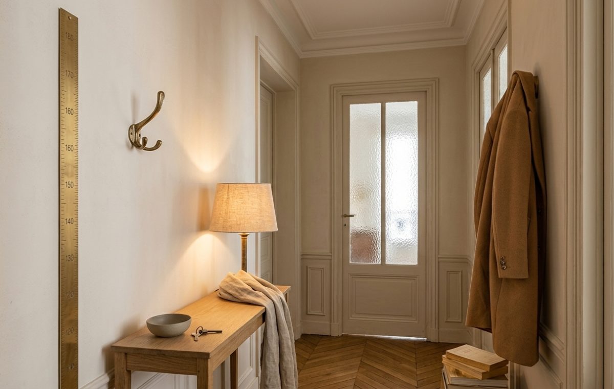 Narrow hallway decor showing slim console table, warm small lamp, brass growth ruler, and chevron parquet floor.
