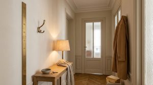 Narrow hallway decor showing slim console table, warm small lamp, brass growth ruler, and chevron parquet floor.