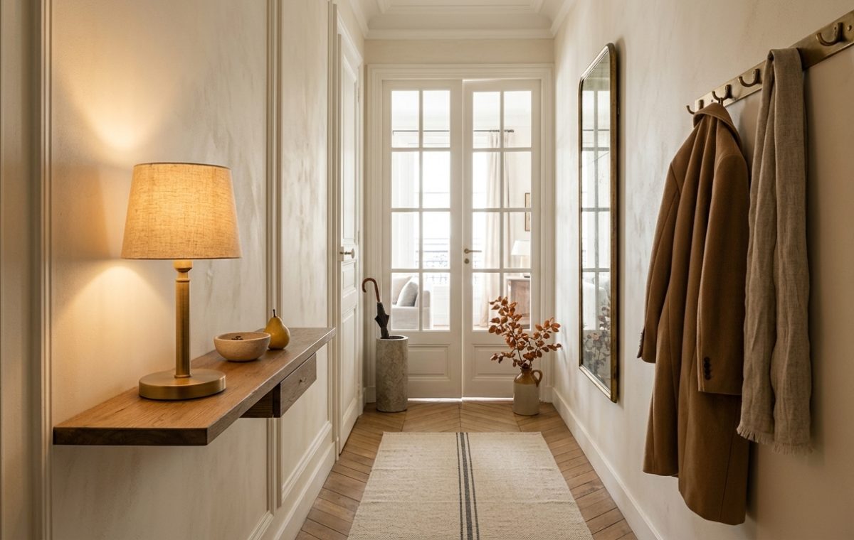 A warm narrow hallway design featuring a floating wooden console table, brass coat hooks, and an arched mirror.