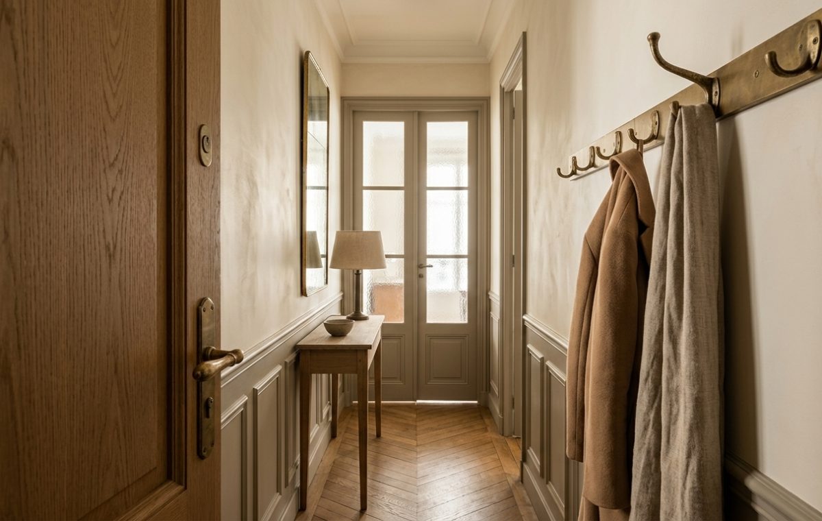 A warm narrow hallway design featuring wainscoting, herringbone wood floors, a slim console table, and brass coat hooks on the wall.