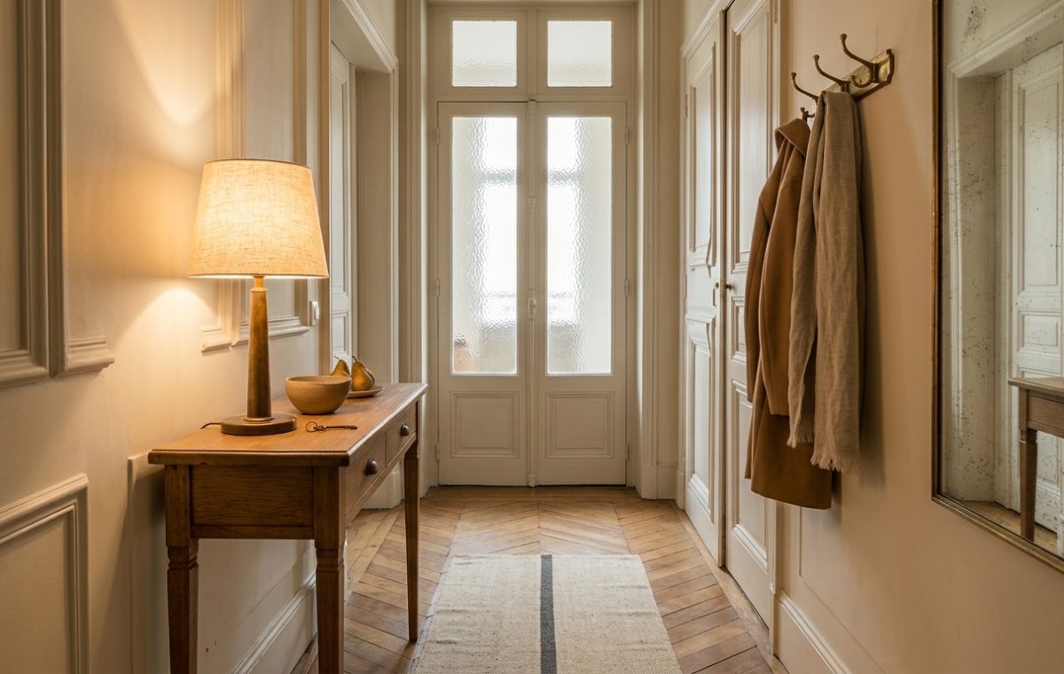 Classic narrow hallway design featuring a patterned runner rug, slim console table, and herringbone parquet floor.