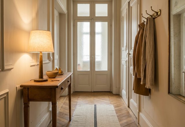 Narrow hallway design featuring chevron parquet flooring, shallow wooden console table, and warm lamp lighting.