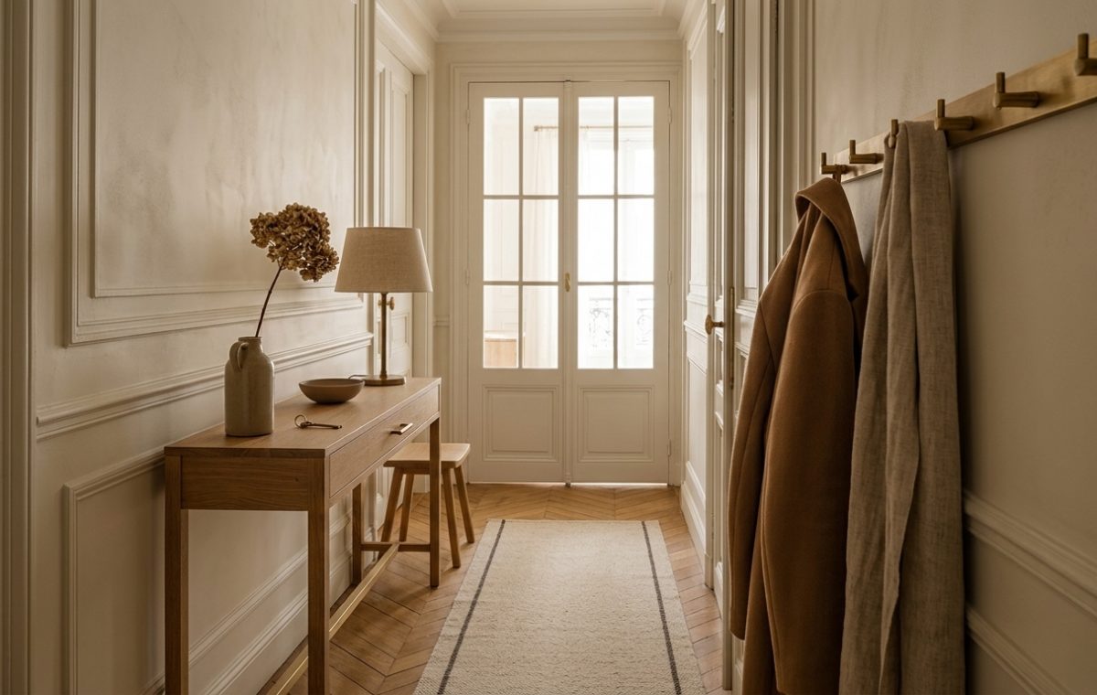 Bright Parisian apartment displaying narrow hallway design with a slim console table and brass coat rack.