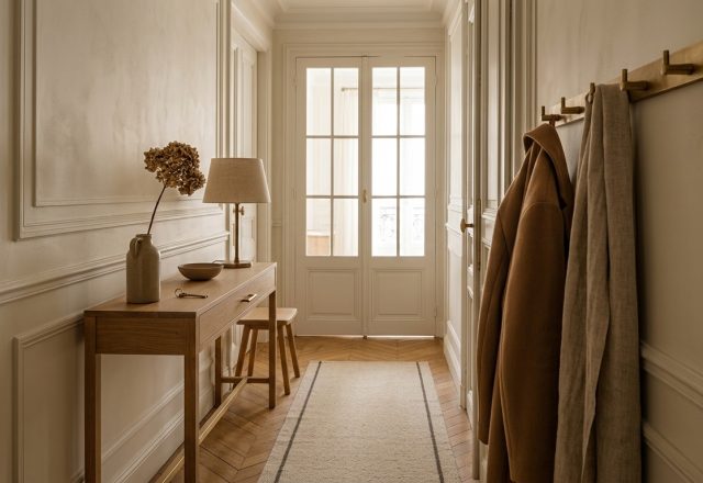 Bright Parisian apartment displaying narrow hallway design with a slim console table and brass coat rack.