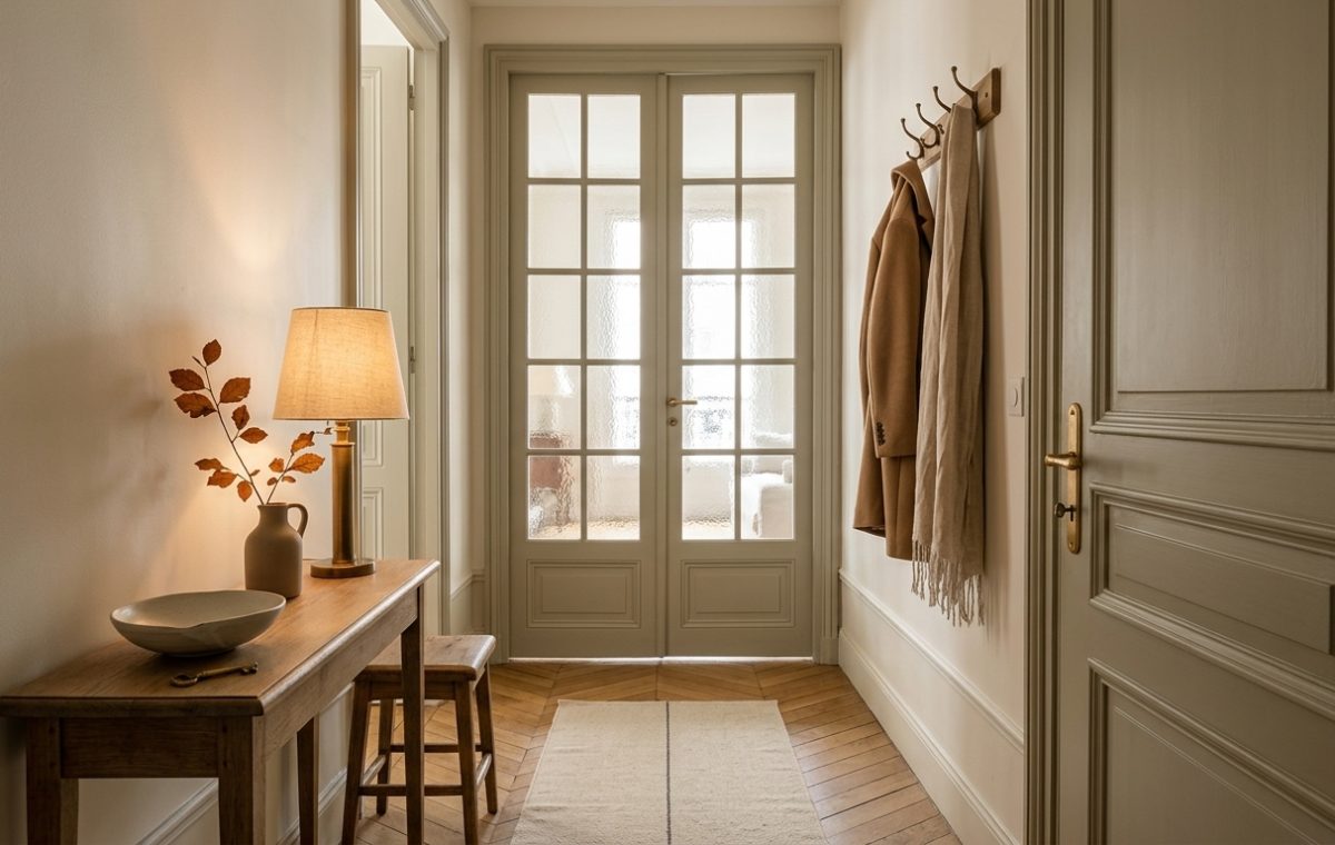 Narrow hallway entryway ideas featuring a slim wooden console, brass lamp, and French glass double doors.
