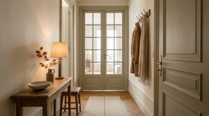 Narrow hallway entryway ideas featuring a slim wooden console, brass lamp, and French glass double doors.