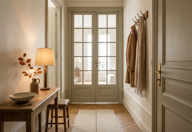 Narrow hallway entryway ideas featuring a slim wooden console, brass lamp, and French glass double doors.