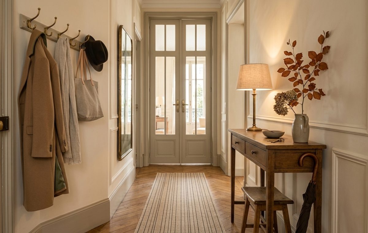 Narrow hallway ideas showing a slim wooden console table, striped runner, and brass coat rack.