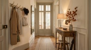 Narrow hallway ideas showing a slim wooden console table, striped runner, and brass coat rack.