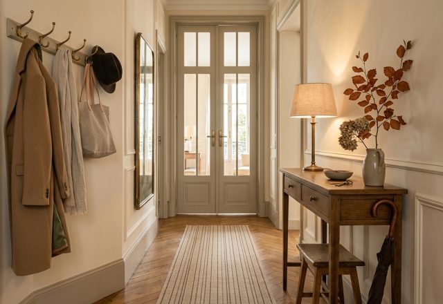 Narrow hallway ideas showing a slim wooden console table, striped runner, and brass coat rack.