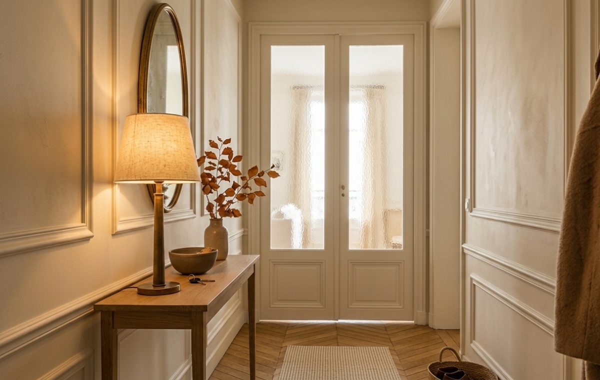 Narrow hallway styling with classic wall moulding, a slim wooden console, and a warm table lamp.