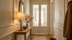 Narrow hallway styling with classic wall moulding, a slim wooden console, and a warm table lamp.